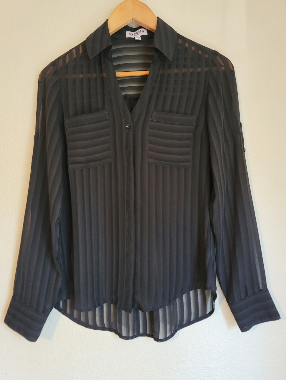 Express Black Sheer Vertical-Striped Button-Down Shirt